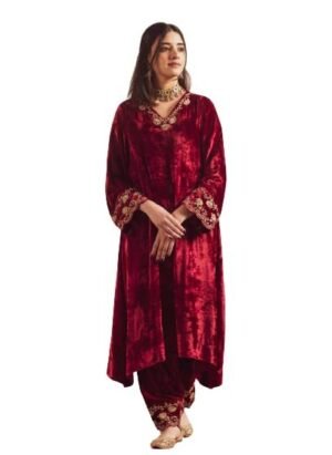 Neelu Sethi's - Maroon Velvet Embroidery Suit With Velvet Odhni