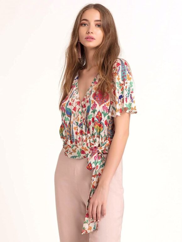 Shaye Women's Satin Wrap Top with Floral Print | Regular Fit | V Neck | Short Flared Sleeves | for Every Occasion | Cream - Image 3