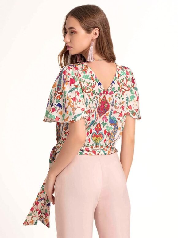 Shaye Women's Satin Wrap Top with Floral Print | Regular Fit | V Neck | Short Flared Sleeves | for Every Occasion | Cream - Image 2
