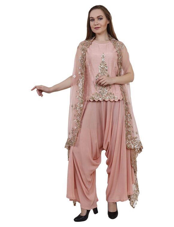 Raoshmi Kapur Designs- Pink georgette Top with hand work & Double georgette dhoti & cape dupatta - Image 2