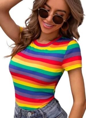 Beauty Fashion Short Sleeve Polyester Blend Round Neck Rainbow Print Fitted Tee 23 Inches Approx (Top-Rainbow)